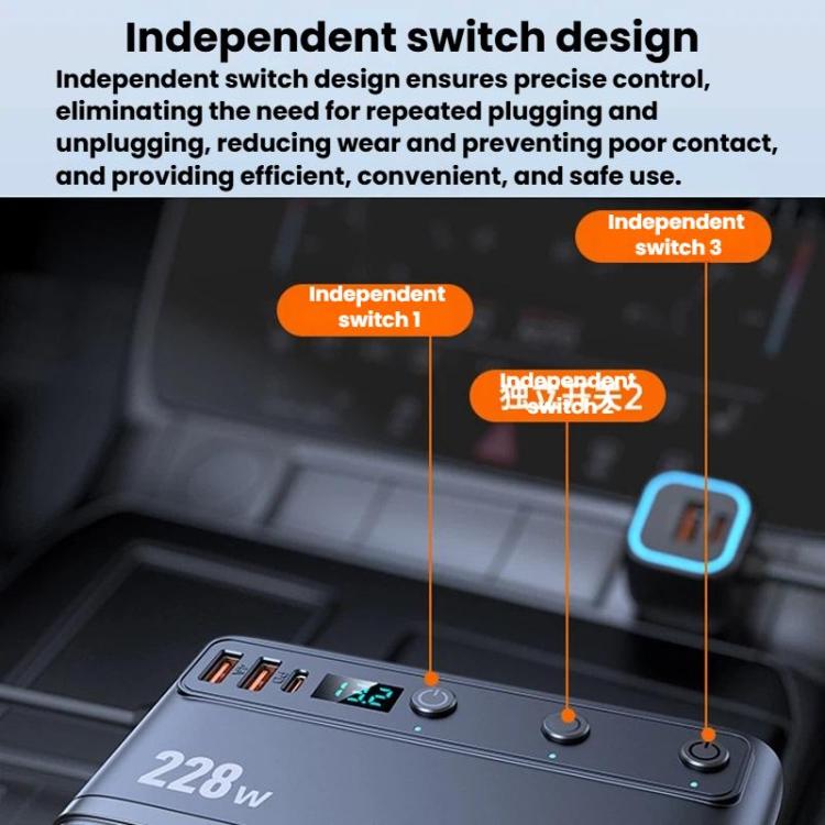 228W Car Cigarette Lighter Retractable Cable 3 In 1 Fast-Charging Car Charger With Independent Switches