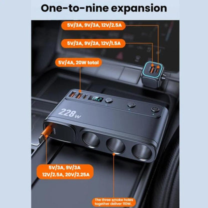 228W Car Cigarette Lighter Retractable Cable 3 In 1 Fast-Charging Car Charger With Independent Switches