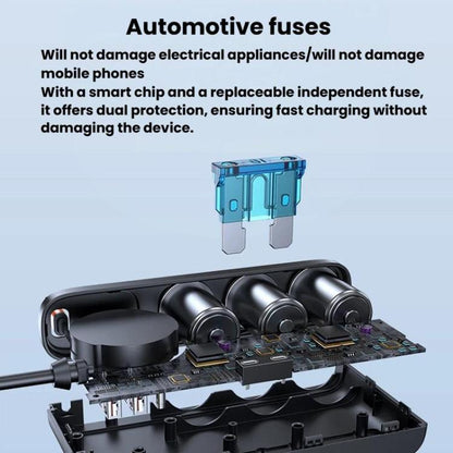 228W Car Cigarette Lighter Retractable Cable 3 In 1 Fast-Charging Car Charger With Independent Switches