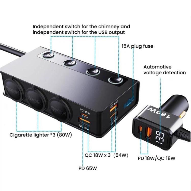 Car Cigarette Lighter 3 In 1 Car Charger With Switches Voltage Display Multiple Ports