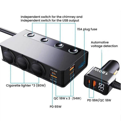 Car Cigarette Lighter 3 In 1 Car Charger With Switches Voltage Display Multiple Ports