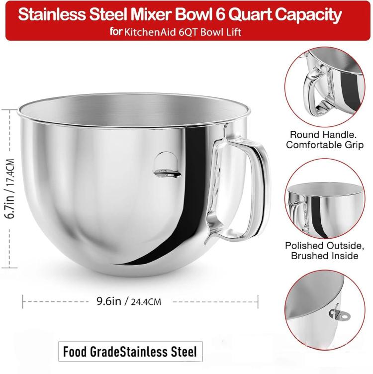 6QT Stainless Steel Mixing Bowl For KitchenAid 5QT Pro/6QT/6QT Pro/7QT/7QT Pro Lift Stand Mixers, 6QT Mixing Bowl