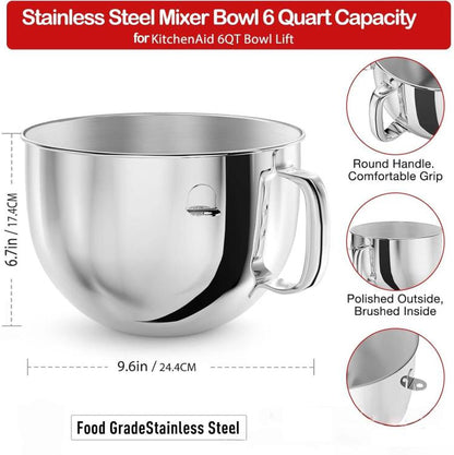 6QT Stainless Steel Mixing Bowl For KitchenAid 5QT Pro/6QT/6QT Pro/7QT/7QT Pro Lift Stand Mixers, 6QT Mixing Bowl