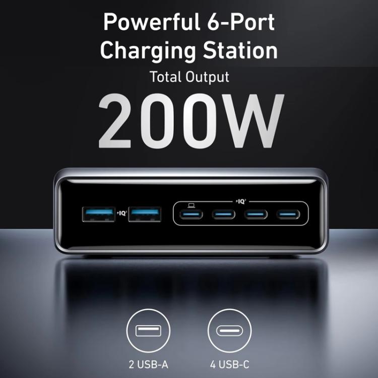 Prime 200W Gallium Nitride Desktop Charger 4 Type-C+2 USB 6 Ports Charging Stand, US Plug, A2683
