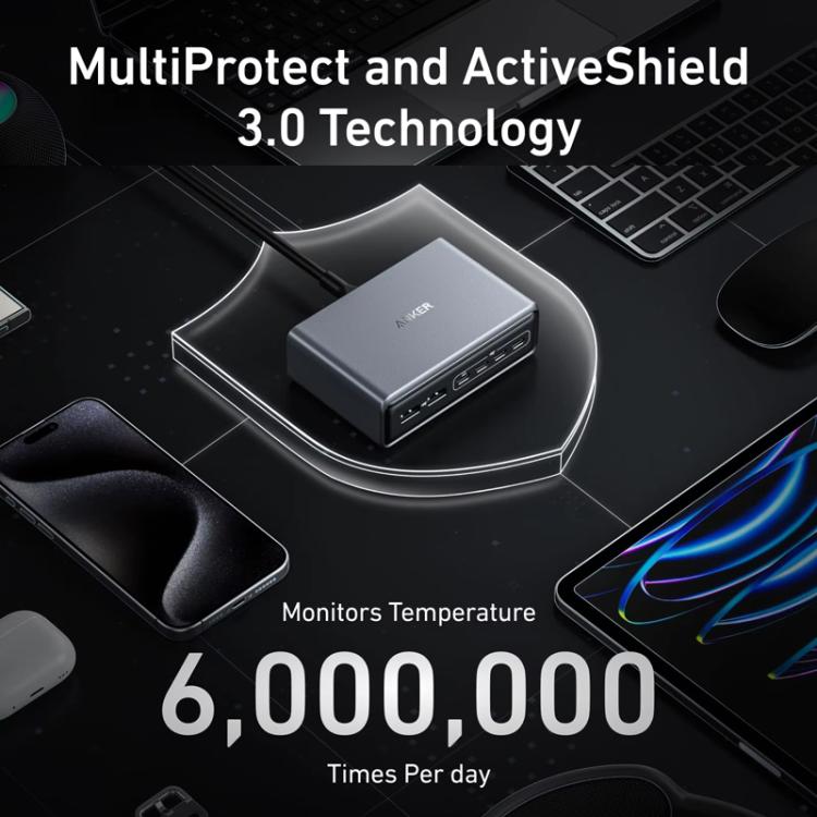 Prime 200W Gallium Nitride Desktop Charger 4 Type-C+2 USB 6 Ports Charging Stand, US Plug, A2683