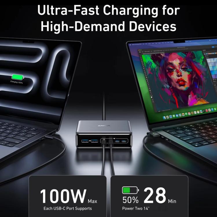 Prime 200W Gallium Nitride Desktop Charger 4 Type-C+2 USB 6 Ports Charging Stand, US Plug, A2683