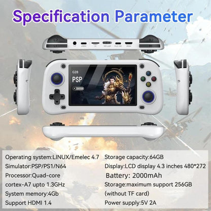 G28 Portable Handheld Open-Source Game Console 4.3 Inch HD IPS Screen, ARM Quad-Core Cortex-A7 1.3GHz, 64GB