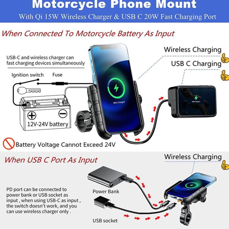 Kewig M9-S 15W Motorcycle Wireless Charging Phone Mount IP66 Waterproof Phone Stand