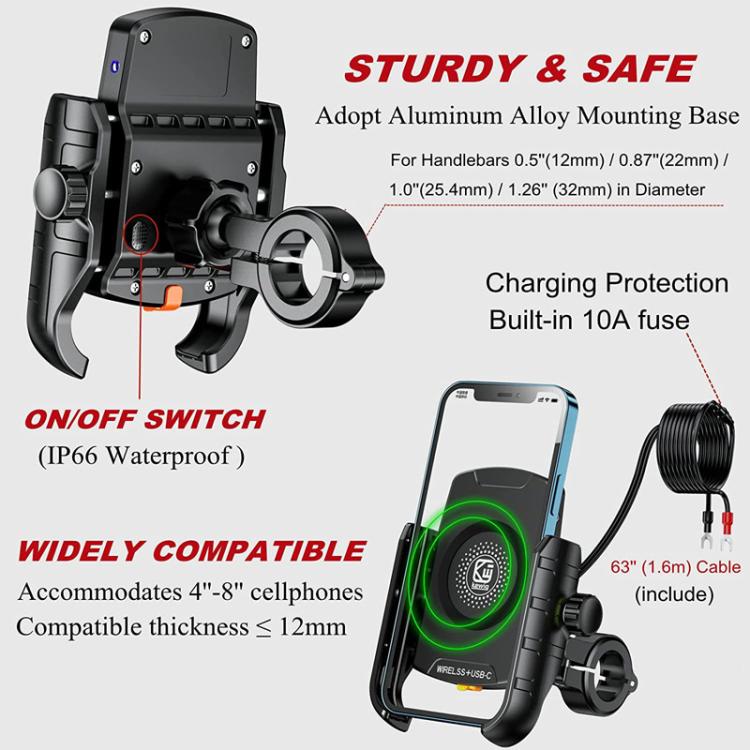 Kewig M9-S 15W Motorcycle Wireless Charging Phone Mount IP66 Waterproof Phone Stand