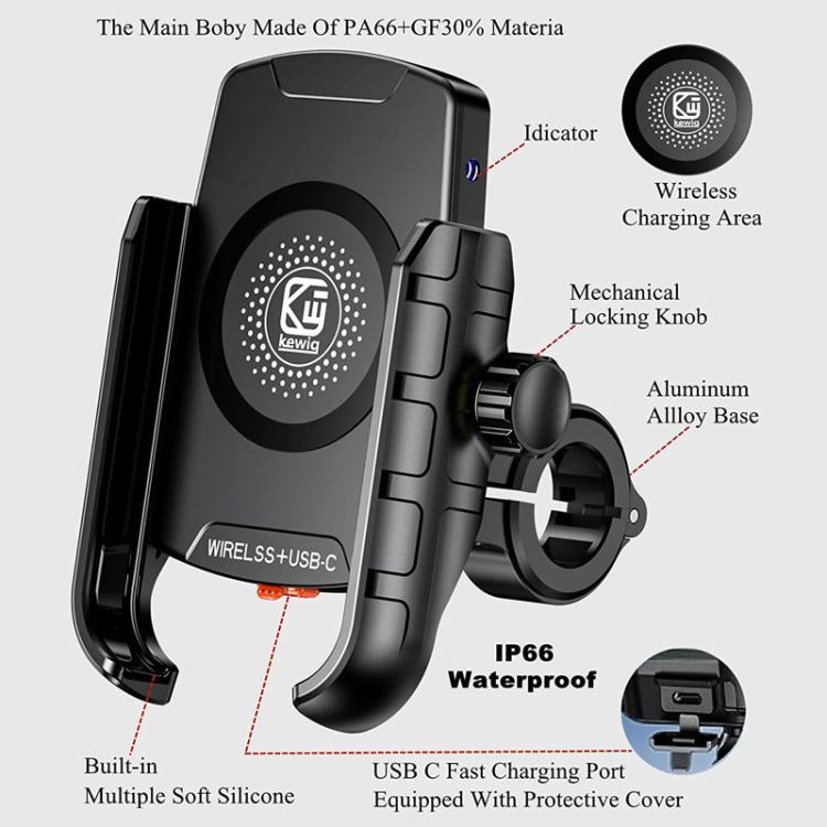 Kewig M9-S 15W Motorcycle Wireless Charging Phone Mount IP66 Waterproof Phone Stand