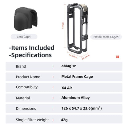 For Insta360 X4 Air aMagisn Quick-Release Metal Cage Wind Noise Reduction Expandable Frame with Lens Cap