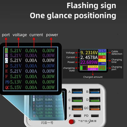 TENSAI 65W 8-Port USB Charging Station With 1.8-Inch LCD Display & 15W Wireless Charger