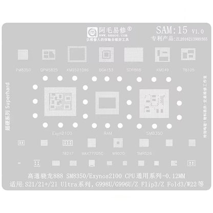 AMAOE For Samsung BGA Reballing Stencil Soldering Repair Tool, SAM15 S21/S21 Ultra, SAM16 A53/A536, SAM17 S22/S22 Ultra, SAM18 A14/A54, SAM19 S23/S24, SAM20 A156U/A156E, SAM21 S25/S25+