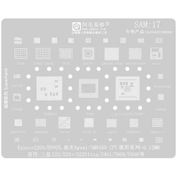AMAOE For Samsung BGA Reballing Stencil Soldering Repair Tool, SAM15 S21/S21 Ultra, SAM16 A53/A536, SAM17 S22/S22 Ultra, SAM18 A14/A54, SAM19 S23/S24, SAM20 A156U/A156E, SAM21 S25/S25+