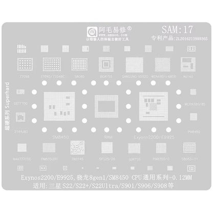 AMAOE For Samsung BGA Reballing Stencil Soldering Repair Tool, SAM15 S21/S21 Ultra, SAM16 A53/A536, SAM17 S22/S22 Ultra, SAM18 A14/A54, SAM19 S23/S24, SAM20 A156U/A156E, SAM21 S25/S25+
