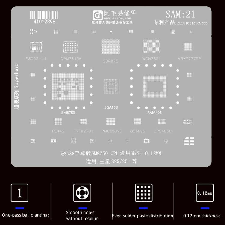 AMAOE For Samsung BGA Reballing Stencil Soldering Repair Tool, SAM15 S21/S21 Ultra, SAM16 A53/A536, SAM17 S22/S22 Ultra, SAM18 A14/A54, SAM19 S23/S24, SAM20 A156U/A156E, SAM21 S25/S25+