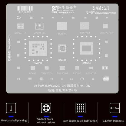 AMAOE For Samsung BGA Reballing Stencil Soldering Repair Tool, SAM15 S21/S21 Ultra, SAM16 A53/A536, SAM17 S22/S22 Ultra, SAM18 A14/A54, SAM19 S23/S24, SAM20 A156U/A156E, SAM21 S25/S25+