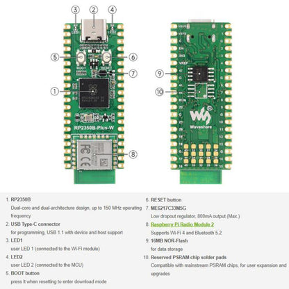 WAVESHARE RP2350B-Plus-W Development Board Raspberry Pi RP2350B Dual-Core Microcontroller Supports Wi-Fi & Bluetooth, 32048