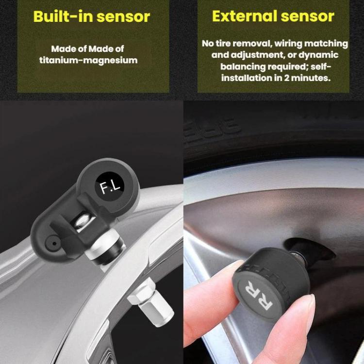 Solar-Powered Wireless Car Tire Pressure Monitor, External, Internal