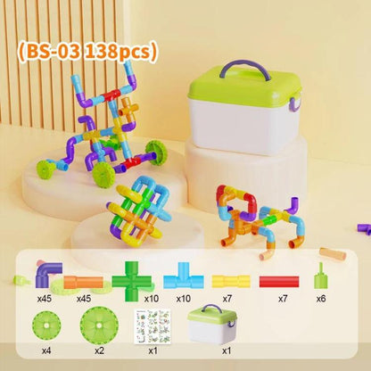 Children Large-Particle Building Blocks Pipe Assembly Toys+Storage Bin, 138pcs /Set, 178pcs /Set, 222pcs /Set