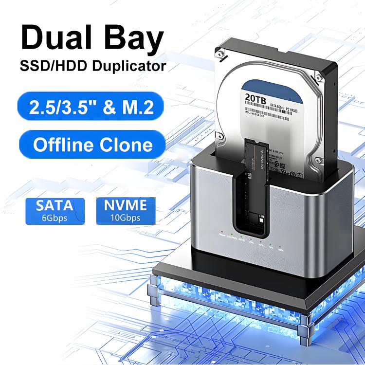 Blueendless HD01N Dual-Bay 2.5/3.5 Inch SATA Hard Drive Enclosure M.2 NVMe SSD Reader Offline Cloning Device, US Plug, EU Plug, UK Plug