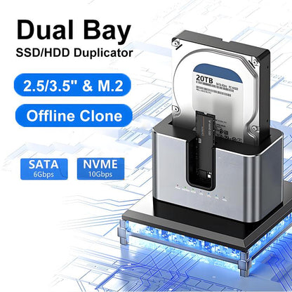 Blueendless HD01N Dual-Bay 2.5/3.5 Inch SATA Hard Drive Enclosure M.2 NVMe SSD Reader Offline Cloning Device, US Plug, EU Plug, UK Plug