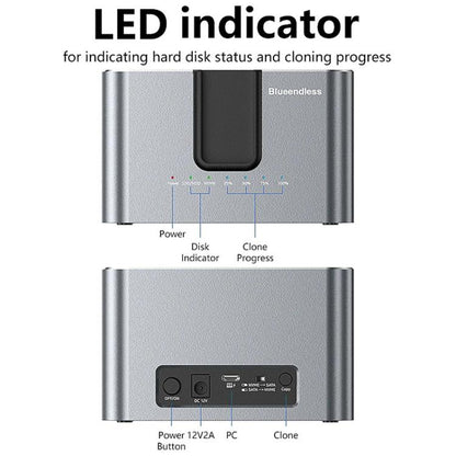 Blueendless HD01N Dual-Bay 2.5/3.5 Inch SATA Hard Drive Enclosure M.2 NVMe SSD Reader Offline Cloning Device, US Plug, EU Plug, UK Plug
