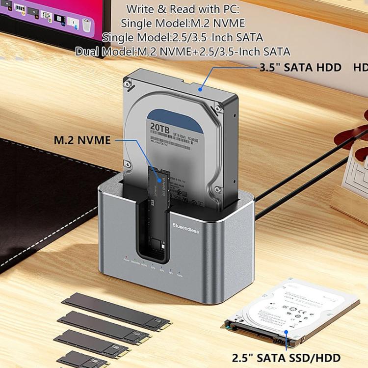 Blueendless HD01N Dual-Bay 2.5/3.5 Inch SATA Hard Drive Enclosure M.2 NVMe SSD Reader Offline Cloning Device, US Plug, EU Plug, UK Plug