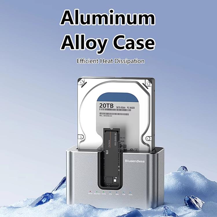 Blueendless HD01N Dual-Bay 2.5/3.5 Inch SATA Hard Drive Enclosure M.2 NVMe SSD Reader Offline Cloning Device, US Plug, EU Plug, UK Plug