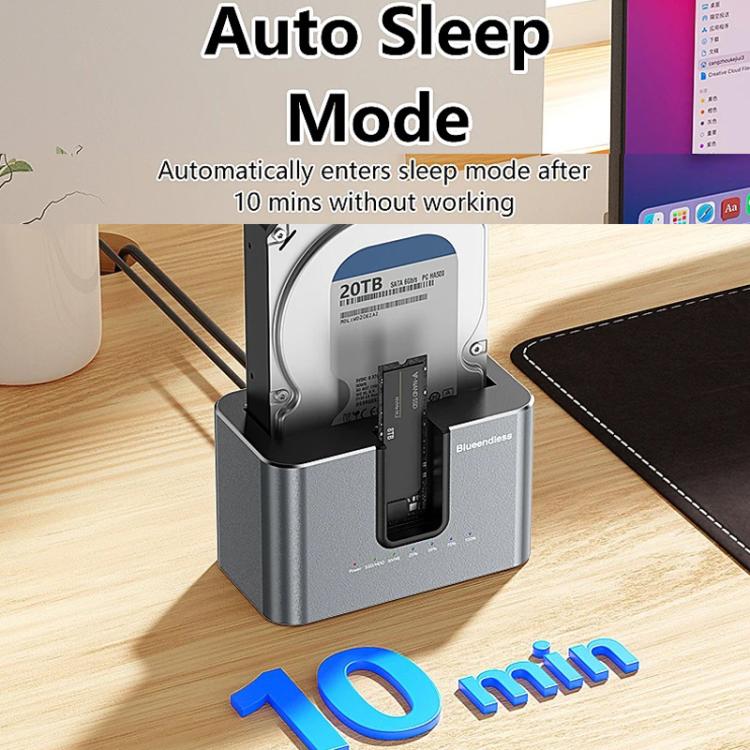 Blueendless HD01N Dual-Bay 2.5/3.5 Inch SATA Hard Drive Enclosure M.2 NVMe SSD Reader Offline Cloning Device, US Plug, EU Plug, UK Plug