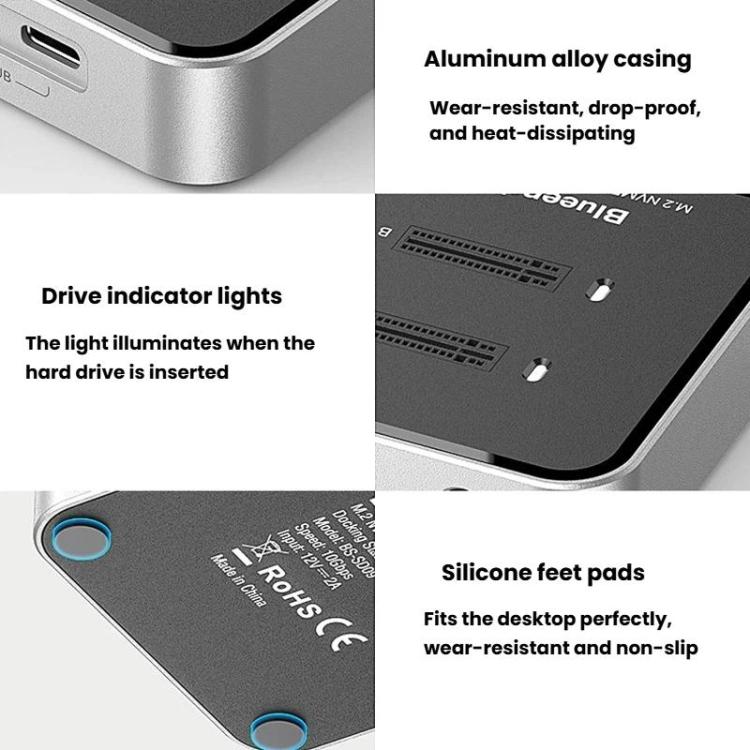 Blueendless SD09 Dual-Bay M.2 Dual-Protocol Drive Enclosure NVMe/SATA SSD Case, US Plug, EU Plug, UK Plug