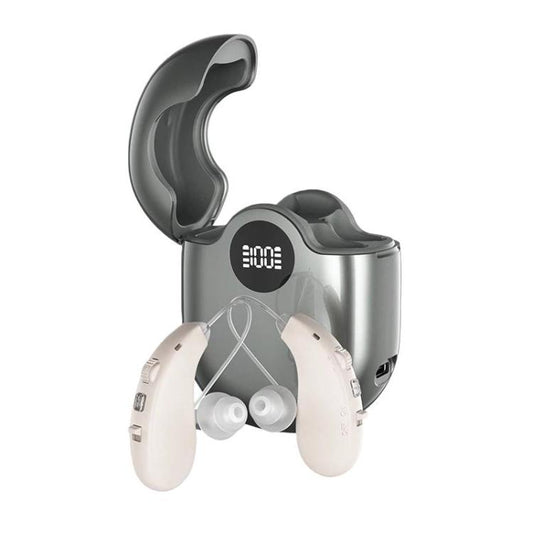 16-Channel Long-Lasting Battery BTE Hearing Aids Dual Devices With Digital Display Charging Case, Long-Lasting Battery