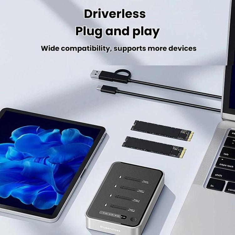 Blueendless DB2804NA Four-Bay NVMe Drive Enclosure M.2 1 To 3 Cloning Copying Device External SSD Enclosure External Reader, US Plug, EU Plug, UK Plug