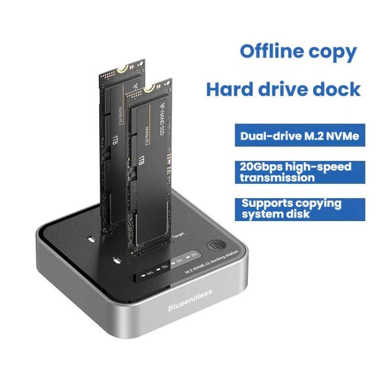Blueendless SD08 Dual-Bay NVMe SSD Enclosure M.2 Offline Cloning Device 20Gbps High-Speed Solid-State Drive Case, US Plug, EU Plug, UK Plug