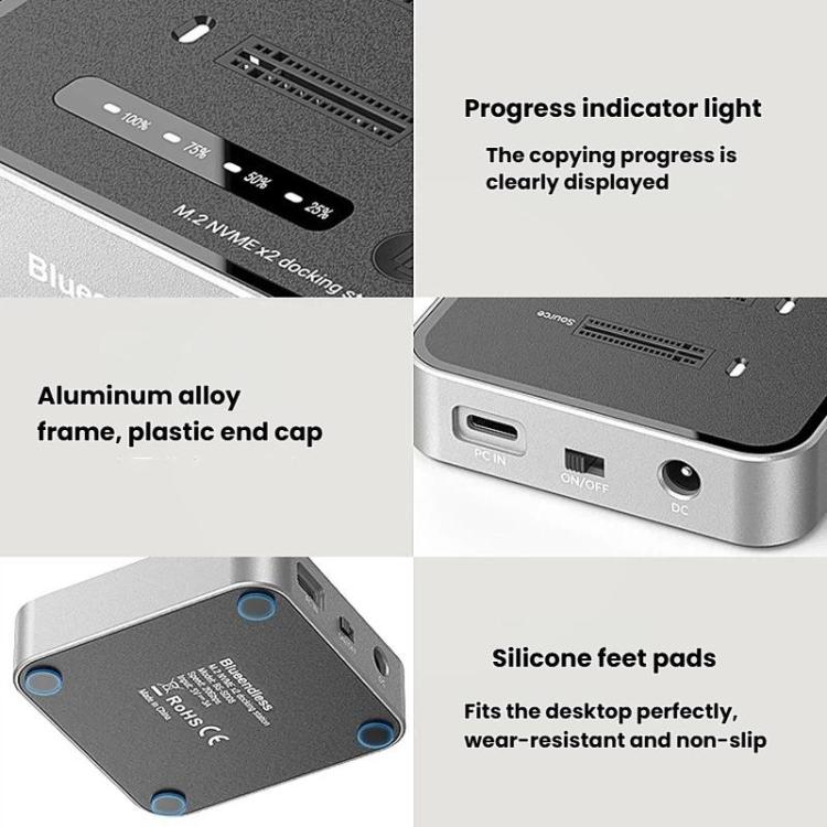 Blueendless SD08 Dual-Bay NVMe SSD Enclosure M.2 Offline Cloning Device 20Gbps High-Speed Solid-State Drive Case, US Plug, EU Plug, UK Plug