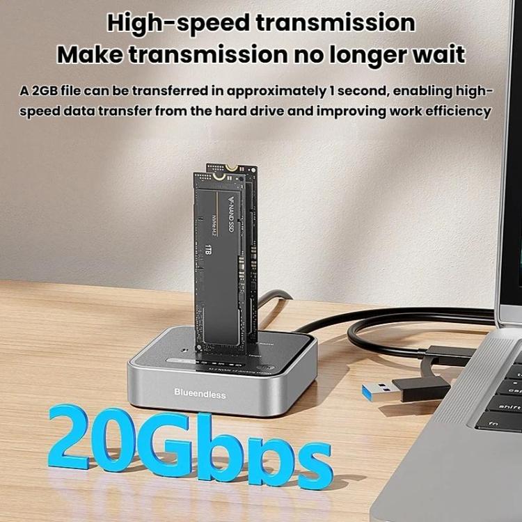 Blueendless SD08 Dual-Bay NVMe SSD Enclosure M.2 Offline Cloning Device 20Gbps High-Speed Solid-State Drive Case, US Plug, EU Plug, UK Plug