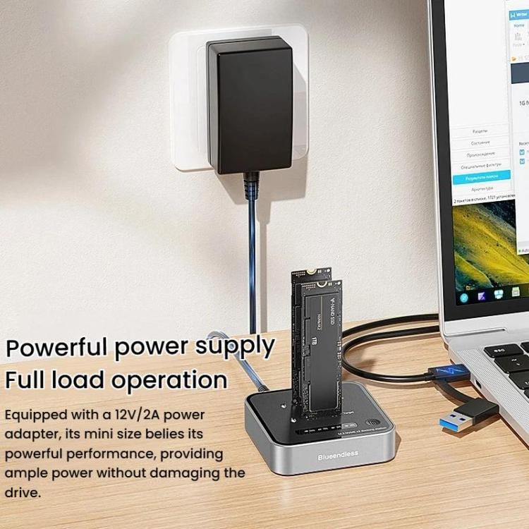 Blueendless SD08 Dual-Bay NVMe SSD Enclosure M.2 Offline Cloning Device 20Gbps High-Speed Solid-State Drive Case, US Plug, EU Plug, UK Plug