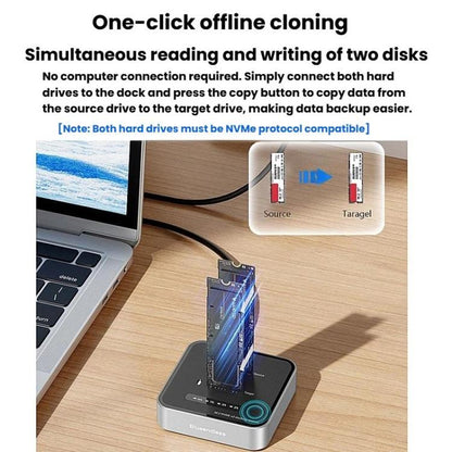 Blueendless SD08 Dual-Bay NVMe SSD Enclosure M.2 Offline Cloning Device 20Gbps High-Speed Solid-State Drive Case, US Plug, EU Plug, UK Plug