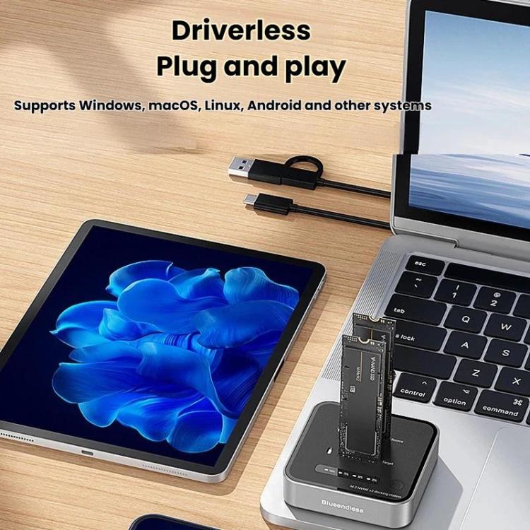 Blueendless SD08 Dual-Bay NVMe SSD Enclosure M.2 Offline Cloning Device 20Gbps High-Speed Solid-State Drive Case, US Plug, EU Plug, UK Plug