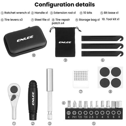 ENLEE Kit de réparation de clé à cliquet pour vélo 10 pièces, Kit d'outils d'urgence de réparation de pneus multifonctions, 10 pièces