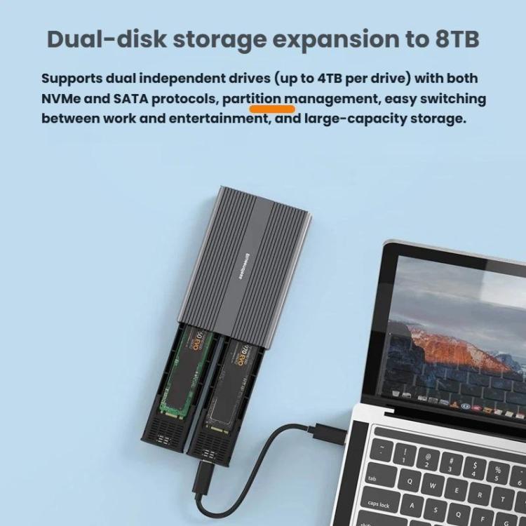 Portable Hard Drive Enclosure Dual-Bay External M.2 Reader, Blueendless M2836SN M.2 SATA / NVMe, Blueendless M2826N M.2 NVMe x 2, Blueendless M2826SN M.2 NVMe+SATA, Blueendless M2826S M.2 SATA x 2
