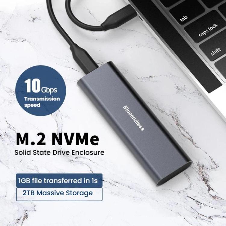 Blueendless 2802N Aluminum Alloy NVMe Portable Hard Drive Enclosure With Screw-Lock M.2 SSD Reader, With USB+Type-C Cable, With USB Cable