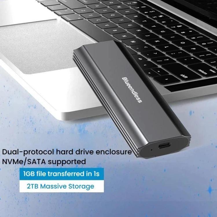 Blueendless M.2 Dual-Protocol Portable Hard Drive Enclosure NVMe/SATA Universal Aluminum Alloy SSD Enclosure, Curved With Type-C To USB Cable, Curved With 2 In 1 Cable, Striped With Type-C To USB Cable, Striped With 2 In 1 Cable