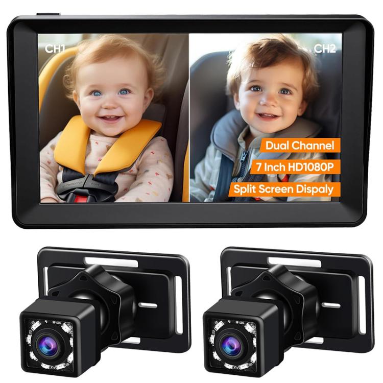 Moniteur de bébé pour voiture 7 pouces à double objectif avec caméra de vision nocturne infrarouge
