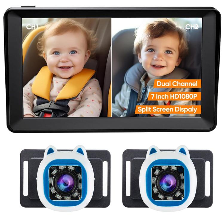 Moniteur de bébé pour voiture 7 pouces à double objectif avec caméra de vision nocturne infrarouge