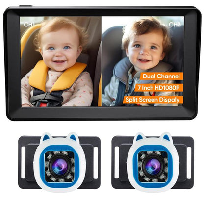 Moniteur de bébé pour voiture 7 pouces à double objectif avec caméra de vision nocturne infrarouge