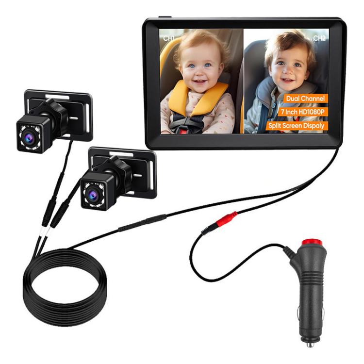 Moniteur de bébé pour voiture 7 pouces à double objectif avec caméra de vision nocturne infrarouge