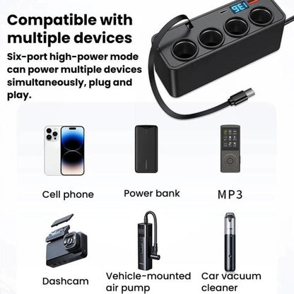 BY-1847 120W 1-To-4 Retractable Car Cable Digital Display Cigarette Lighter Car Charger