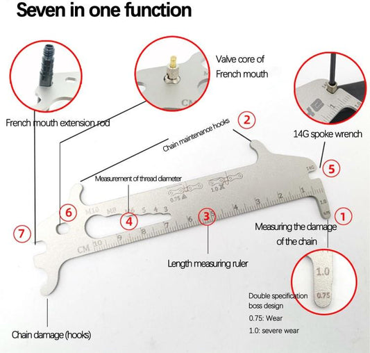 Herramienta de medición y mantenimiento de bicicletas BIKERSAY 7 en 1 para medir el desgaste de la cadena.