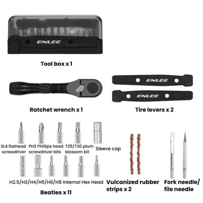 ENLEE EN59 Kit de Clés à Cliquet 19 Pièces pour Vélo, Outil de Réparation de Vélo Portable et Multifonctionnel, EN59 19 Pièces